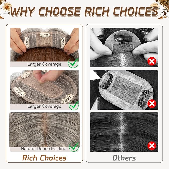 Rich Choices Hair Toppers for Women Real Human Hair 100% Human Remy Toppers NO Bangs for Women with Thinning on Top Clip in Hairpiece 4"x4.7"Lace Base 12 Inch Salt and Pepper G2 Sliver