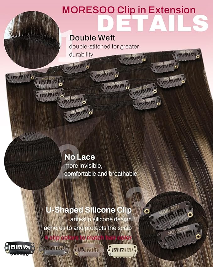 Moresoo Clip in Hair Extensions Dark Brown to Blonde Balayage Hair Extensions Clip ins Real Human Hair For Short Ombre Dark Brown to Caramel Blonde Double Weft 80g/5pcs 10 inch