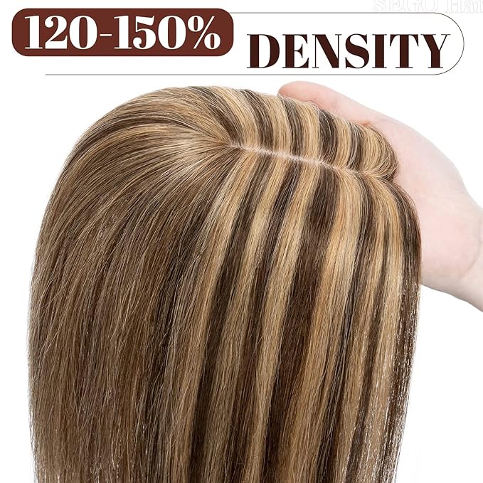 SEGO Real Human Hair Topper for Women without Bangs, Hair Topper with Anti-Slip Clips (12 Inch#4/27 Medium Brown Mix Dark Blonde)