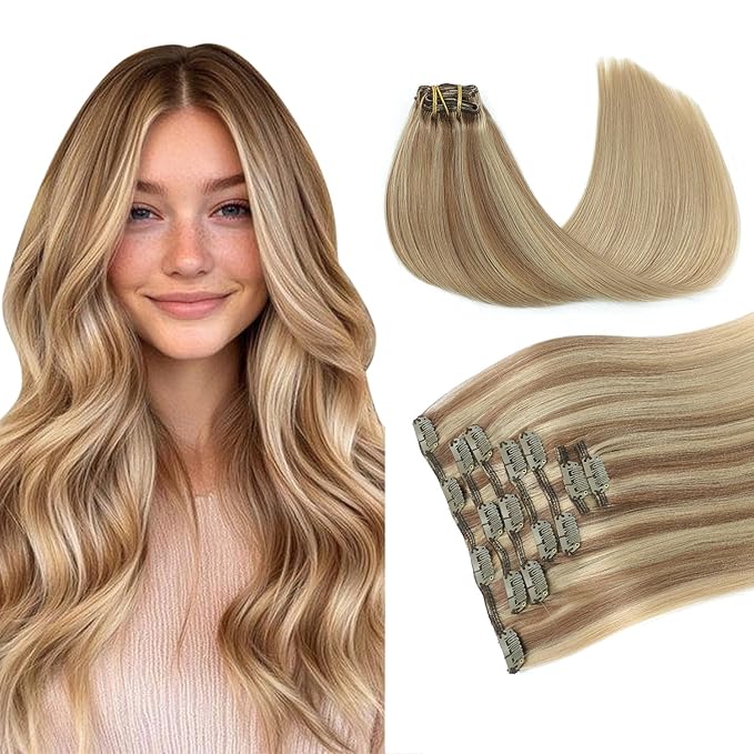 PINKPEARL Clip in Hair Extensions Real Human Hair #10/16/16 Golden Brown to Caramel Blonde Human Hair Clip in Hair Extensions 7pcs 120g 20inch Human Hair Extensios Clip ins(#10/16/16-20)