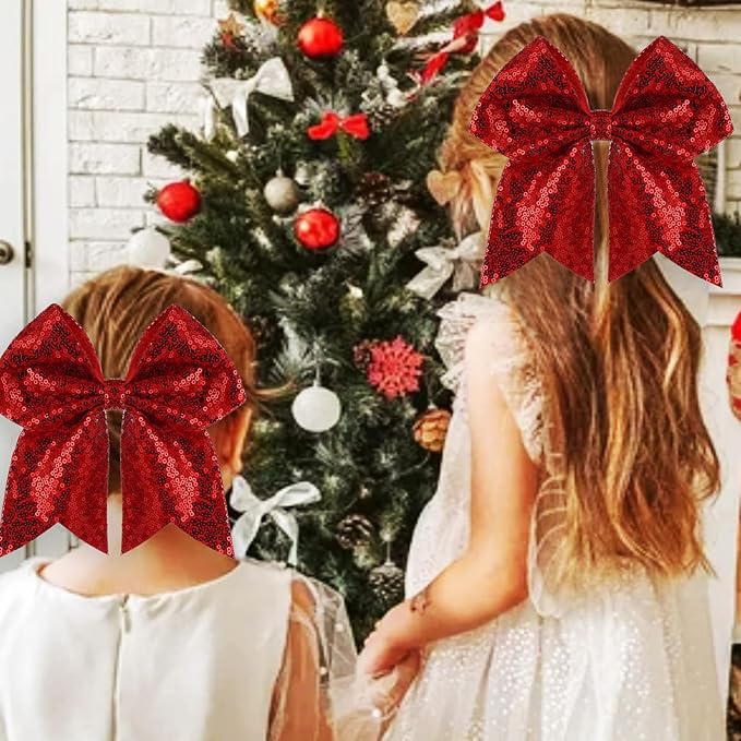 Large Glitter Cheer Bows Clips, Jumbo Big 7 Inch Cheerleading Sequin Hair Bow Hair Accessories for Teens Girls Football Sports Cheerleader Outfit Uniform (Red)