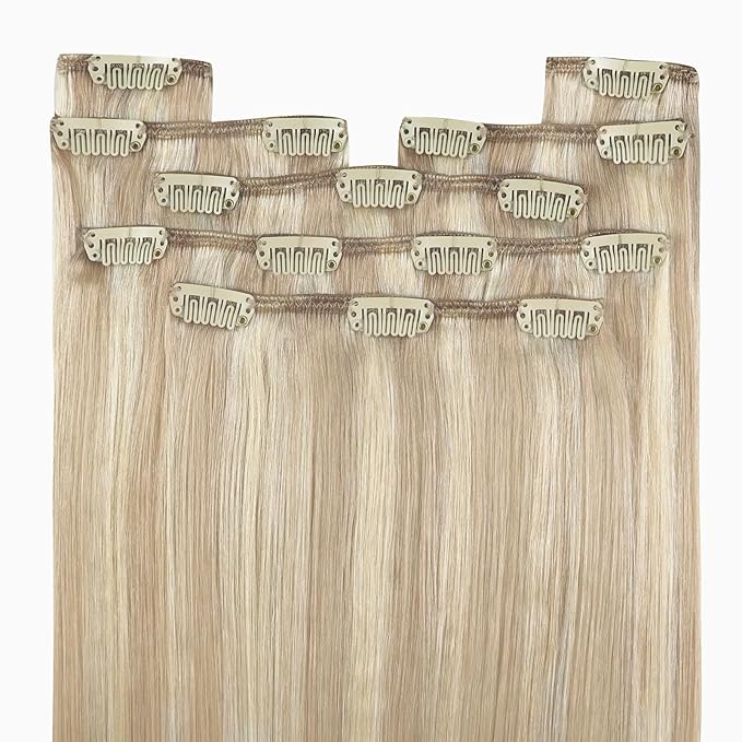 YoungSee 135G Blonde Clip in Human Hair Extensions Highlight Human Hair Clip in Extensions Warm Ash Blond Highlights Bleach Blonde Hair Extensions Clip ins Silky Remy Hair 16Inch 7Pcs