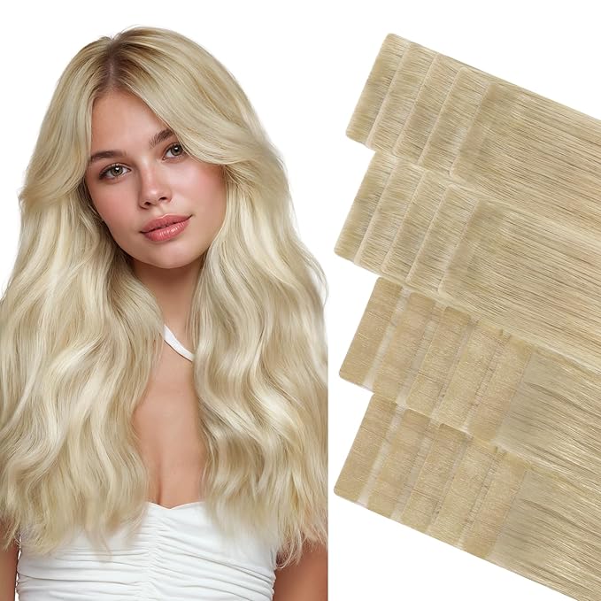 GOO GOO Invisi Edge Tape in Hair Extensions Human Hair, 18ET90A Natural Blonde Balayage10pcs injected with 10pcs classical tape ins, 14inch 50g, Virgin Remy Hair, Natural Look