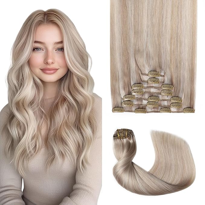 Pro2.0 Remy Real Human Hair Extensions Clip ins 120g Thick 7pcs Color #18p1000 Ash Blonde with Bleach Blonde Remy Clip in Hair Extensions Real Human Hair 16inch Double Weft（#18P1000-16inch）