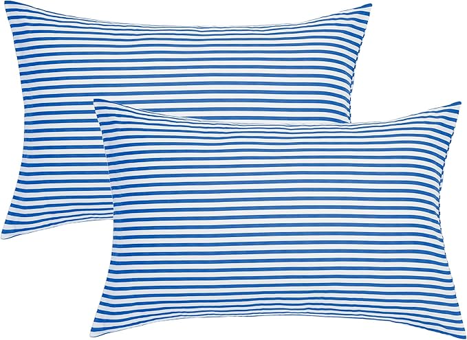 JELLYMONI 100% Natural Cotton Striped King Pillowcases Set, 2 Pack White and Blue Stripes Pattern Printed Pillow Covers with Envelope Closure(Pillows are not Included)