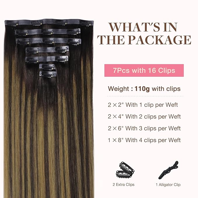 GOO GOO Clip in Hair Extensions Real Human Hair, Remy Human Hair Extensions Clip ins for Women, Natural Human Hair, 18inch 110g 7Pcs, 2/6/2 Balayage Dark Brown to Chestnut Brown