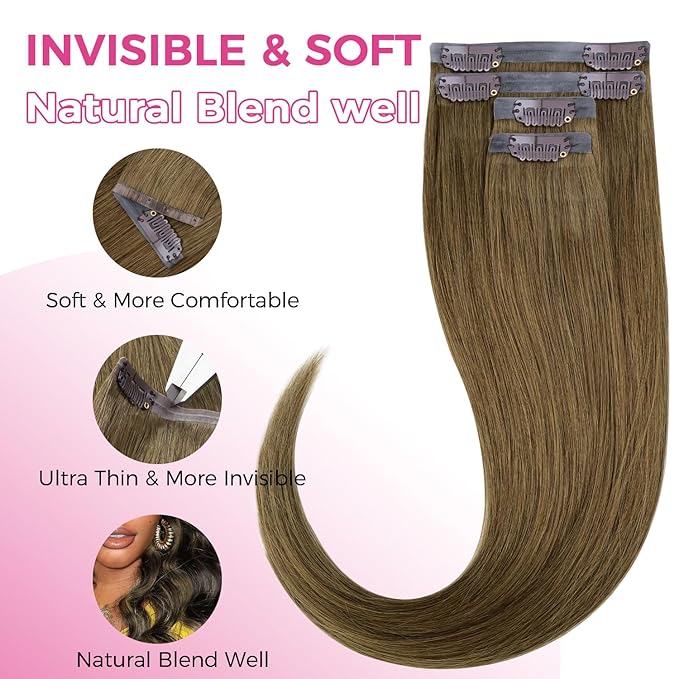 Lashey Seamless Clip in Hair Extensions Real Human Hair Medium Brown 4pcs 46g Invisi Edge 18 Inch Straight Hair Extension Clip ins