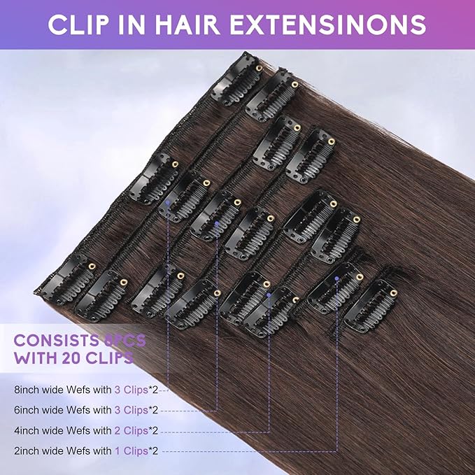Dark Brown Clip in Hair Extensions Real Human Hair Invisible Seamless Remy Human Hair Clip in Extensions for Women 20Inch 105g, 8pcs Per Set with Double Weft