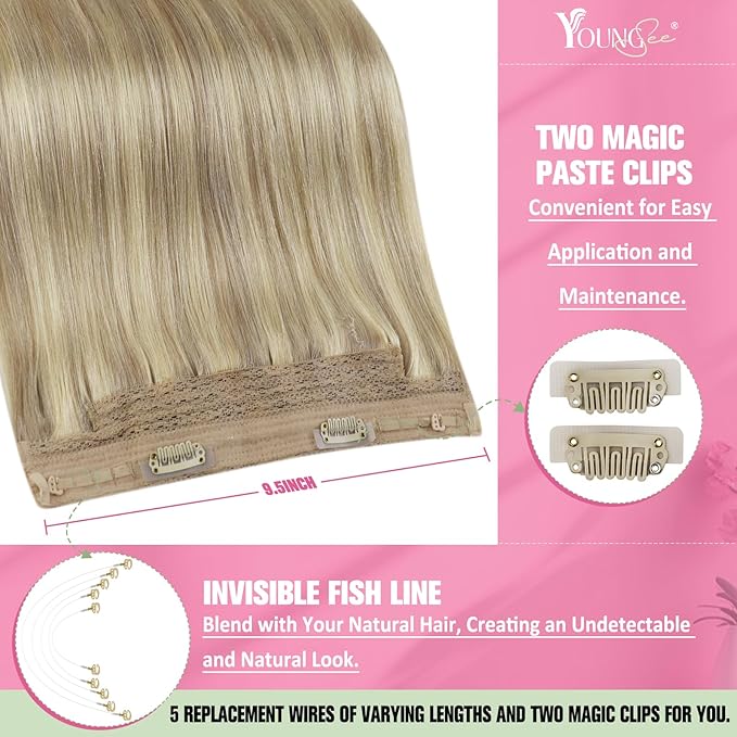 YoungSee 100G Hair Extensions Wire Highlight Invisible Wire Hair Extensions Real Human Hair Golden Blonde Highlighted Light Blonde Human Hair Fish Line Extensions for Natural Look 20In