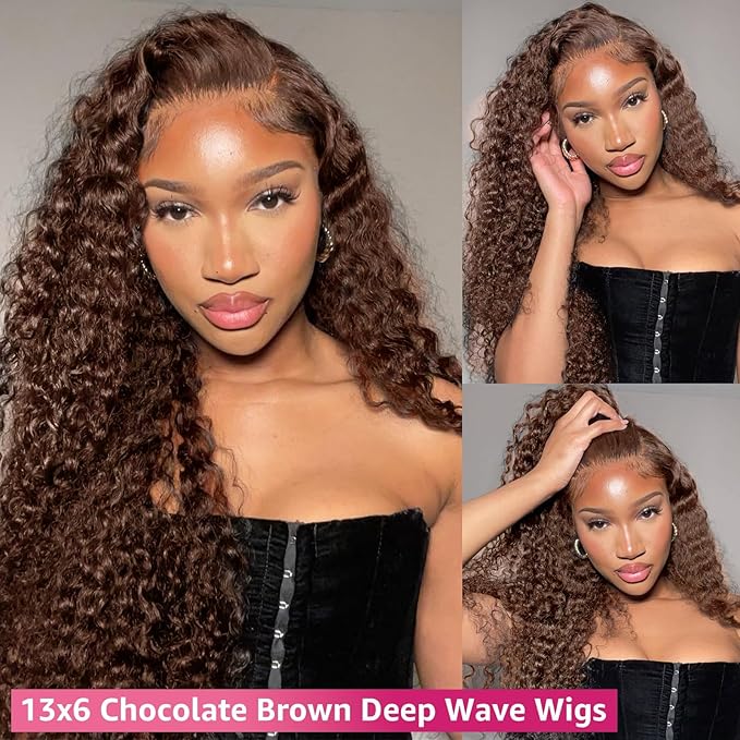 Chocolate Brown 13x6 Lace Front Wigs Human Hair 200 Density Deep Wave HD Lace Front Wigs Curly Glueless Wigs Pre Plucked 13x6 Frontal Human Hair Wigs for Women (26 Inch)