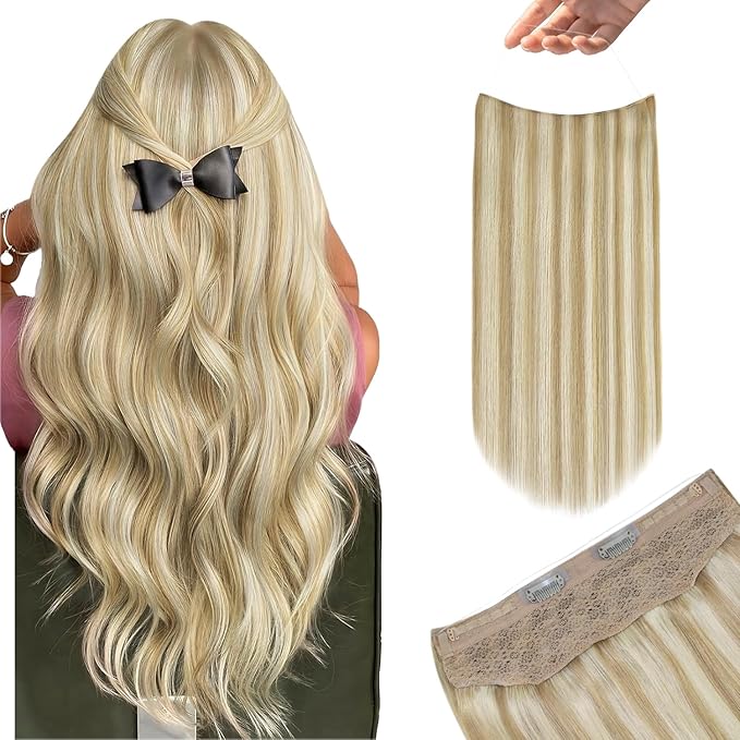 YoungSee Wire Hair Extensions Real Human Hair Balayage Wire Hair Extensions Ombre Medium Brown to Blonde Balayage with Brown Fish Line Human Hair Extension 20 Inch 100g