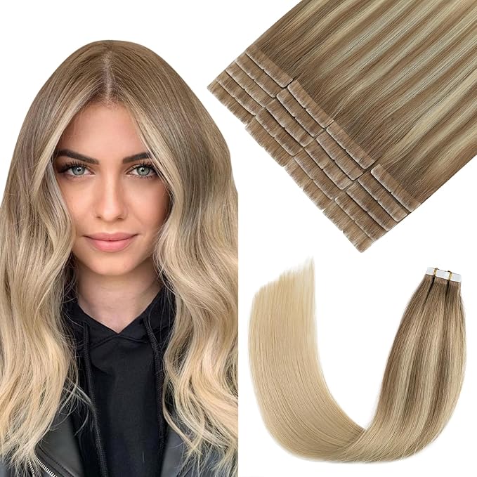 Pinkpearl Invisible Tape in Hair Extensions Human Hair, 20pcs 22inch 60g #8T60 Balayage Ash Brown to Platinum Blonde Injection Tape in Extensions Real Remy Seamless Human Hair Injected