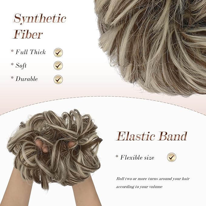 FESHFEN Messy Bun Hair Pieces - Large Wavy Curly Elastic Hair Bun Scrunchies Ponytail Extensions Synthetic Chignon Hairpieces for Women, Golden Brown & Bleach Blonde 1.94oz
