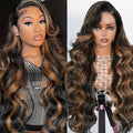 Body Wave Highlight Ombre Lace Front Wig Human Hair 13x4 Full Frontal Lace Wig Skinlike Swiss HD Lace 0.10mm Ultra-thin Invisible 200 Density 100% Real Human Hair Pre-plucked Tiny Knots Balayage Brown