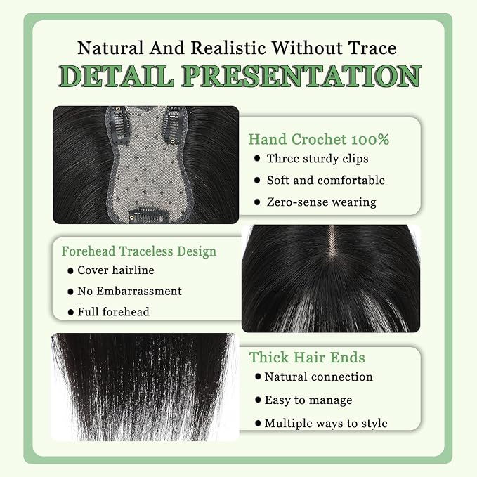 Hair Toppers for Women Real Human Hair, 360°3D Bangs Clip Human Toppers for Women with Thinning hair Realistic Scalp Line (Black, 3D Wispy Bangs(11 * 7))