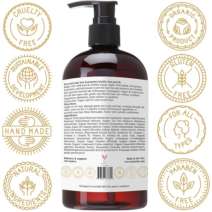 Laritelle Diamond Strong Organic Shampoo – Hair Growth & Strengthening – Sulfate-Free, Cedarwood & Botanicals – Prevents Thinning & Breakage – Made in USA – 17.5 oz