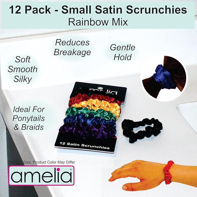 Amelia Beauty, Rainbow Mix Satin Small Scrunchies, 12-Pack – No Damage Hair Ties for Women, Gentle & Durable Hair Accessories, 2.5in x 0.5in