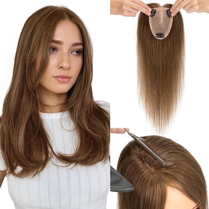 Hairro Human Hair Toppers Free Parted, 3.5x4.7" Base Hand-wovened 100% Real Hairpieces, with Invisible Clips-in for Women, for High Hairline/Adding Volume on Top, 16 Inch Mocha Brown