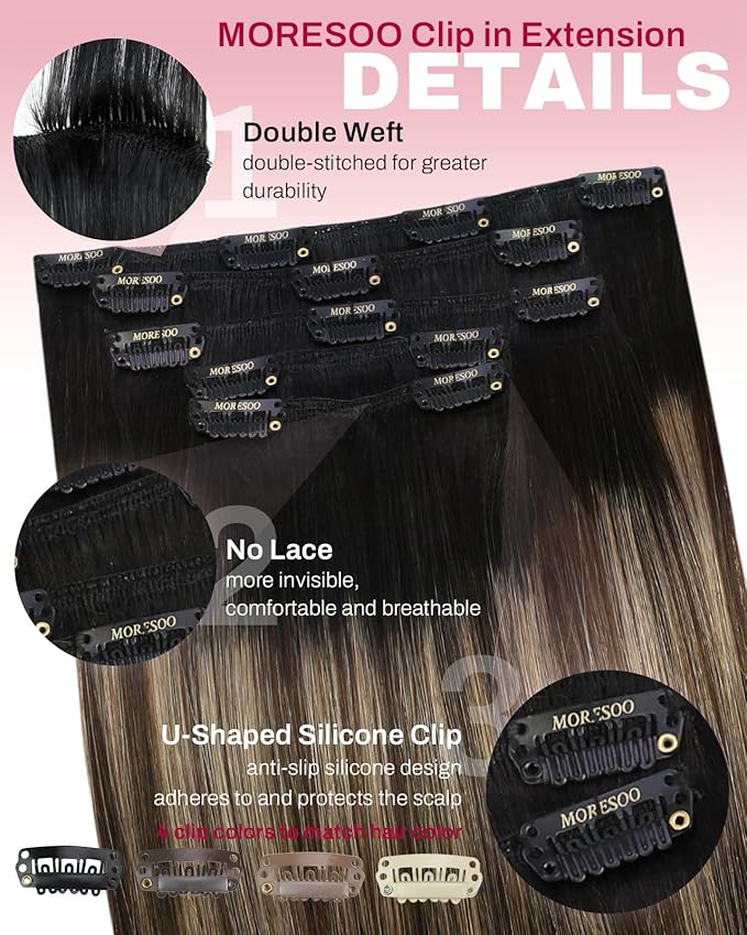 Moresoo Black to Brown Ombre Clip in Hair Extensions Real Human Hair Balayage Natural Black to Medium Brown with Dark Blonde Hair Clip Extensions for Women Short Double Weft 80g/5pcs 14 inch