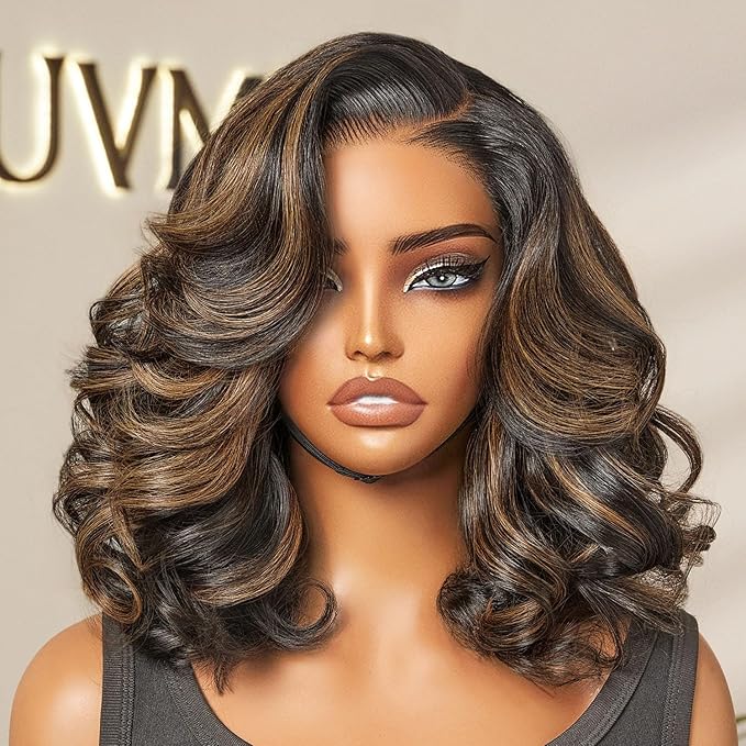 LUVME HAIR 100% Human Hair Wigs Loose Wave Glueless Lace Front 18 Inches, Pre Cut Plucked Hd Lace Short Wig Ready To Go Highlight Color Straight Bleached Knots Side Part Wigs