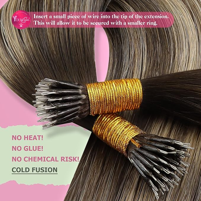 YoungSee Nano Ring Hair Extensions 20 Inch Balayage Nano Extension Human Hair Dark Brown with Caramel Blonde Nano-Beads Hair Extension Human Hair 50G Nano-link Human Hair Extension 50S