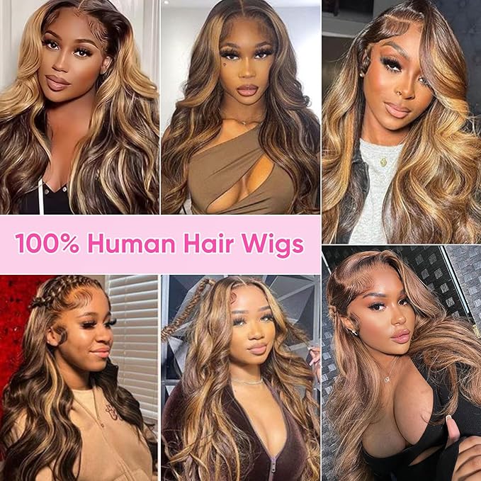 Honey Blonde Ombre 13x6 Lace Front Wig Human Hair 210 Density Highlight Body Wave Lace Front Wigs Human Hair Pre Plucked Glueless Lace Frontal Wig for Women 4/27 Colored 28Inch