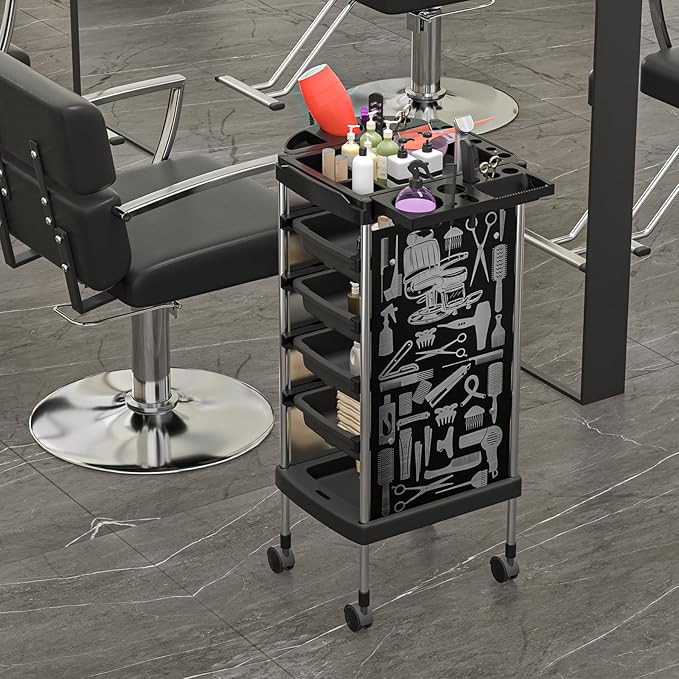 Salon Rolling Trolley with 4 Drawers/Stainless Steel Frame Storage Tool Holder for Barbershop Beauty Spa and Hair Salon Beauty Black