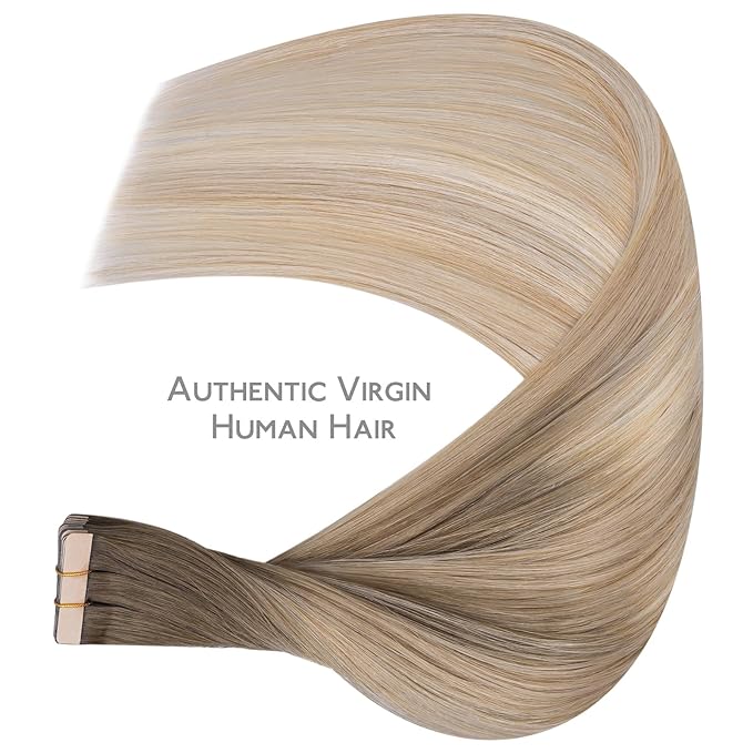 WENNALIFE Tape in Hair Extensions Human Hair, 20pcs 50g 16 inch Balayage Sandy Brown to Platinum Blonde Remy Hair Extensions for Women Tape Ins Straight Extensiones De Cabello Humano Skin Weft