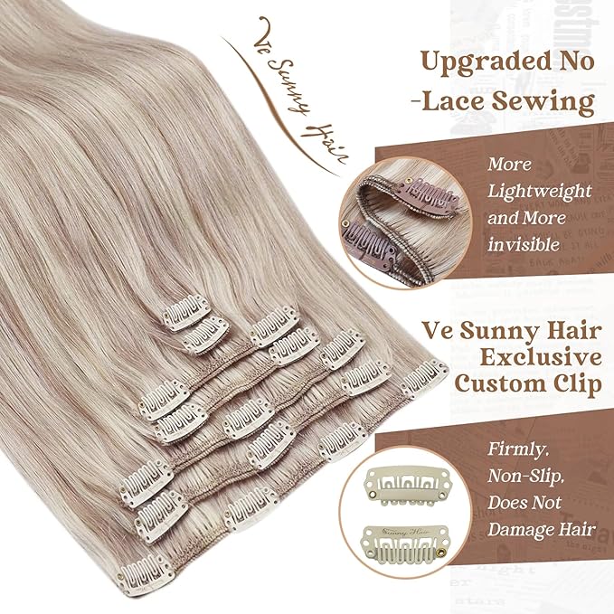 Ve Sunny Clip in Hair Extensions Real Human Hair Ash Blonde Highlight Bleach Blonde Human Remy Hair Extensions Clip ins Short Hair Thick 12inch 80g 5pcs