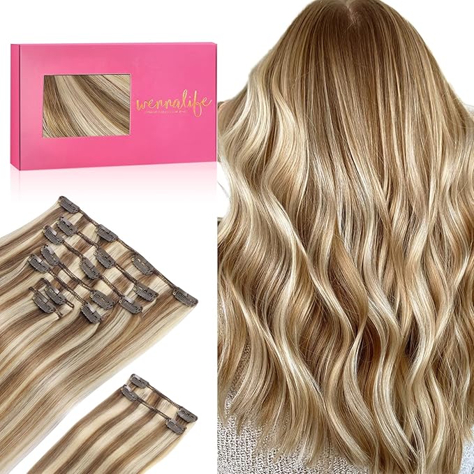 WENNALIFE Hair Extensions Clip In, 9pcs 24inch 150g Ash Brown Highlighted Golden Blonde Thicker Clip In Hair Extensions Real Human Hair Remy hair extension Double Weft Clip in Human Hair Extensions