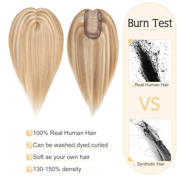 SEGO Human Hair Toppers for Women With Thinning Hair, 7 * 13CM Silk Base 100% Real Human Hair Clip in Top Wiglet Hairpieces -10 Inch No Bangs 12P613 Golden Brown&Bleach Blonde