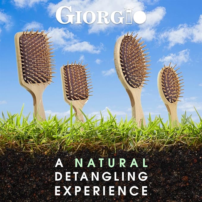 Giorgio Eco Friendly Wooden Bristle Hairbrush - Small Detangling Brush and Hair Growth Brush for Thick or Long Hair - Paddle Hair Brush Made with Anti Static Beechwood, Silicone Massage Cushion