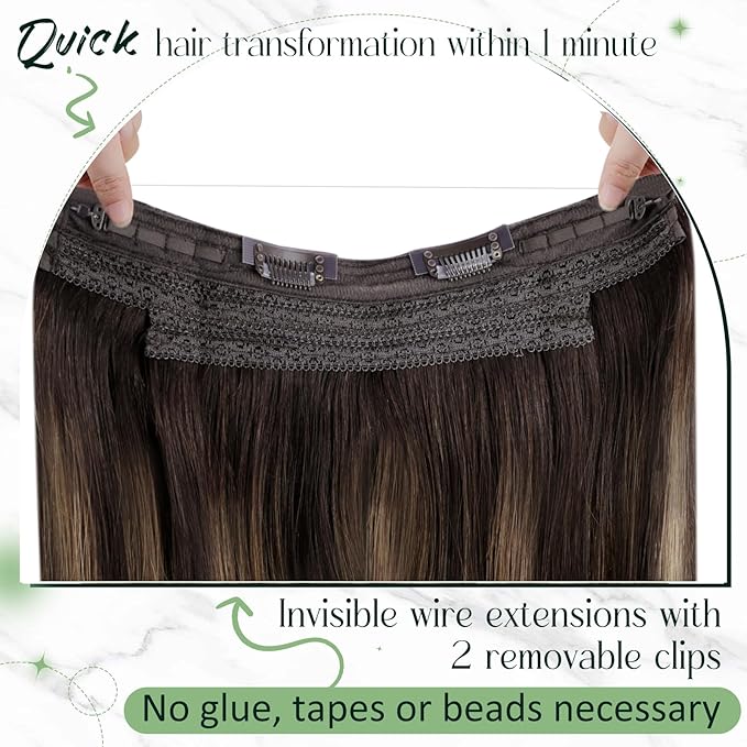 RUNATURE Wire Hair Extensions Human Hair, Invisible Fish Line Human Hair Extensions, Balayage Brown Roots Remy Hair, Real Human Hairpiece with Transparent Wire, 12 Inch 70g #2/2/6 Brown Ombre