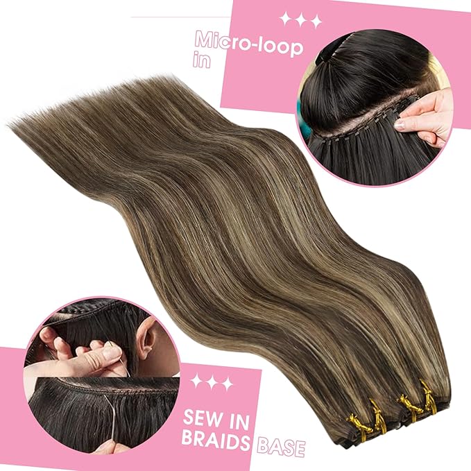 YoungSee Weft Hair Extensions Human Hair Brown Blonde Sew in Hair Extensions Dark Brown Mix Caramel Blonde Highlights Human Hair Weft Extensions for Full Head 20Inch 100G