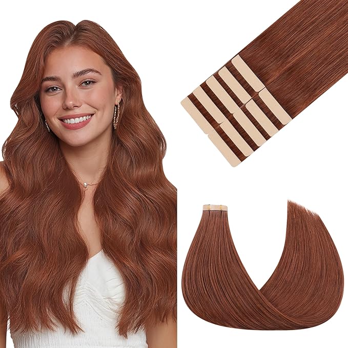 GOO GOO Tape in Hair Extensions Human Hair, #33B Dark Auburn Copper, 18inch 25g 10pcs, Skin Weft Seamless Invisible, Silky Straight with Thick Ends, Remy Human Hair