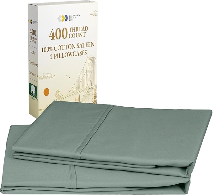 California Design Den Standard Queen Size Pillowcase Set - 400 Thread Count, 100% Cotton Sateen, Set of 2 Pillow Covers, Soft and Breathable - Sage Green