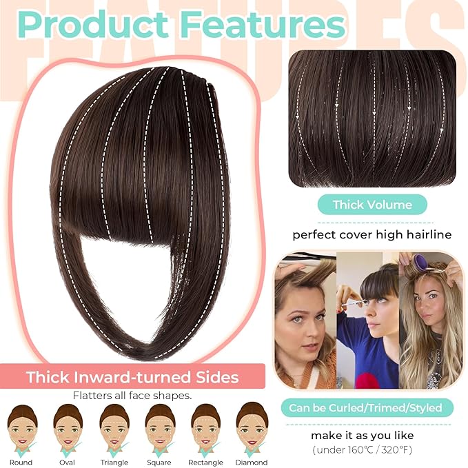 Clip in Bangs, Synthetic French Bangs Hair Clip, Fake Bangs Fringe with Temples Hairpieces for Women Natural Curved Hair Extensions for Daily Wear Medium Brown
