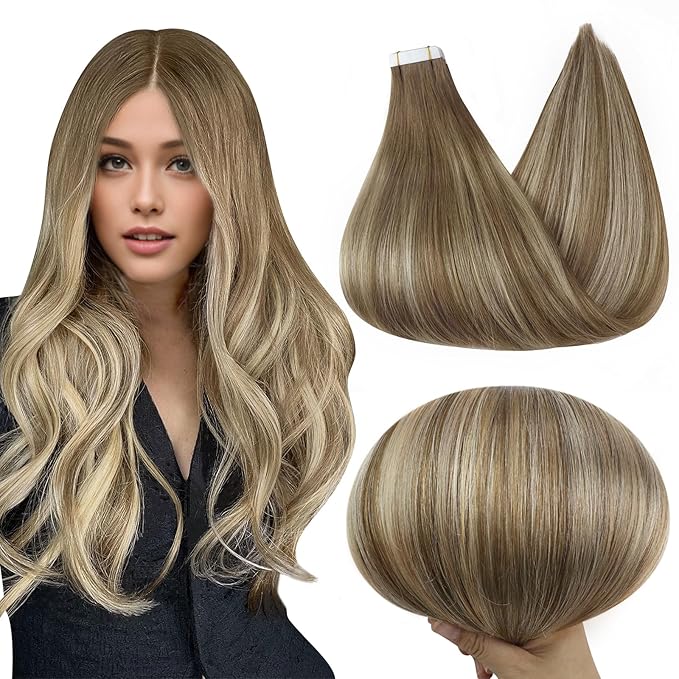 Full Shine Tape in Hair Extensions 20Inch Blonde Real Human Hair Tape in Extensions Color 6 Brown Ombre 6 And 60 Blonde Remy Invisible Hair Extensions Tape ins 50G 20Pcs Double Sided Tapes Straight