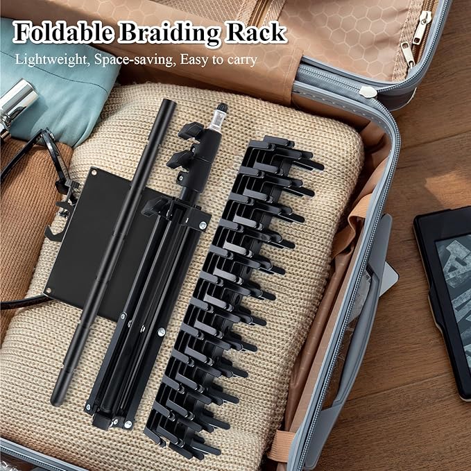 Braiding Rack with Tray, 144 Pegs Height Adjustable, 2-side Hair Extension Holder, Hair Stand with Stylist Tools for Salon/Home/Travel (Black)