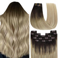 YoungSee 150G Clip in Hair Extensions Ombre Blonde Clip in Human Hair Extensions Balayage Medium Brown Mix Golden Blonde with Platinum Blonde Straight Human Hair Clip in Extensions for Women 22Inch