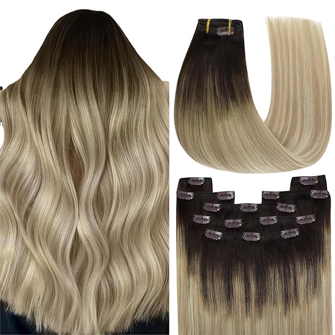 YoungSee Ombre Hair Extensions Clip ins Medium Brown Roots to Golden Mix Platinum Blonde Clip in Hair Extensions Real Human Hair Brown to Blonde Clip in Hair Extension Short Hair 12Inch 7Pcs 85G