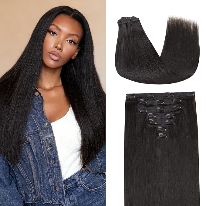 Lashey Light Yaki Clip in Hair Extensions 20 Inch 7pcs Human Hair Straight Natural Black Clip ins for Thin Hair Extensions Real Human Hair