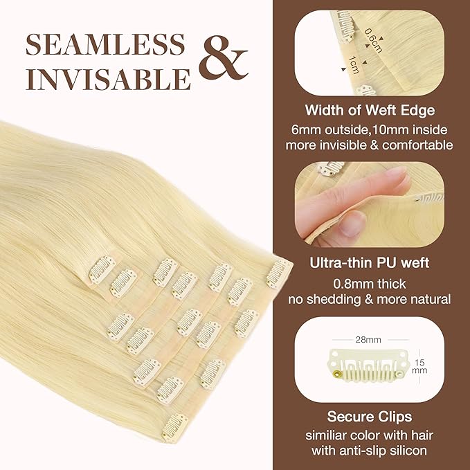 GOO GOO Clip in Hair Extensions Real Human Hair, Remy Human Hair Extensions Clip ins for Women, Natural Human Hair, 14inch 130g 9Pcs, 613R Bleach Blonde