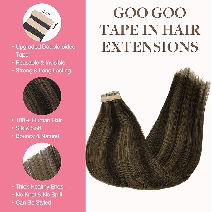 GOO GOO Tape in Hair Extensions Human Hair, 2/6 Dark Brown Highlighted Chestnut Brown, 16inch 50g 20pcs, Skin Weft Seamless Invisible, Silky Straight with Thick Ends, Remy Human Hair