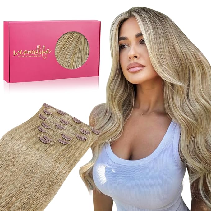 WENNALIFE Clip in Hair Extensions Real Human Hair, 20 Inch 120g 7pcs Clip in Hair Extensions Real Human Hair, Mixed Multi-tone Ash Brown Human Hair Remy Hair