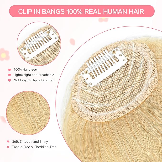 Clip in Bangs 100% Real Human Hair, French Bangs Hair Clip, Fake Bang Fringe with Temples Hairpieces for Women Daily Wear (Blonde, French Bangs)