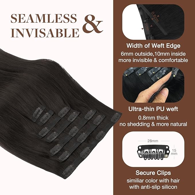 GOO GOO Clip in Hair Extensions Real Human Hair, Remy Human Hair Extensions Clip ins for Women, Natural Human Hair, 14inch 130g 9Pcs, 2 Dark Brown