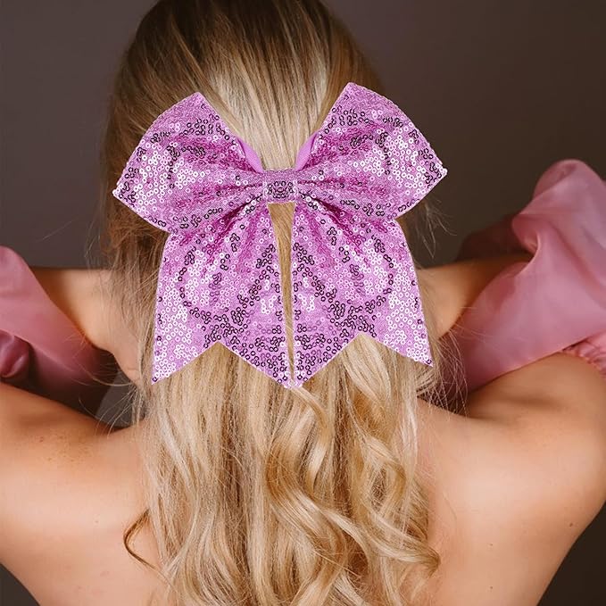 Large Glitter Cheer Bows Clips, Jumbo Big 7 Inch Cheerleading Sequin Hair Bow Hair Accessories for Teens Girls Football Sports Cheerleader Outfit Uniform (Light Purple)