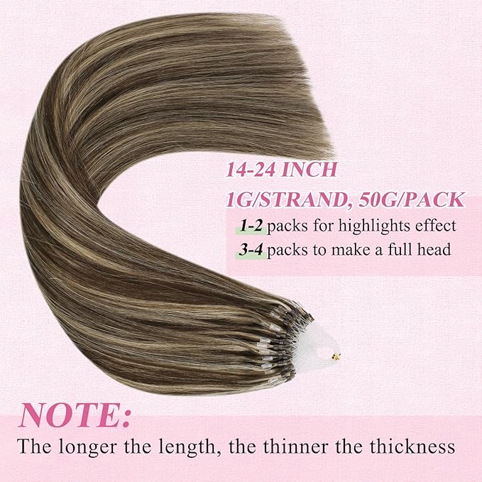 YoungSee Micro Loop Hair Extensions Real Human Hair Brown Highlight Micro Ring Hair Extensions Human Hair Highlight Dark Brown and Blonde Microbeaded Extension Human Hair Remy Hair 22In 50g 50s