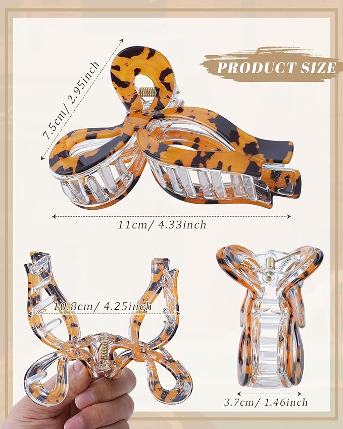 Mesovor 4 Pack Bow Hair Claw Clips for Women, Nonslip 4.3" Large Hair Grip Clawclips for Thin and Thick | Bowknot Hair Strong Hold Hair Jaw Clamps Gifts (Black, Red, Yellow Leopard, White Leopard)